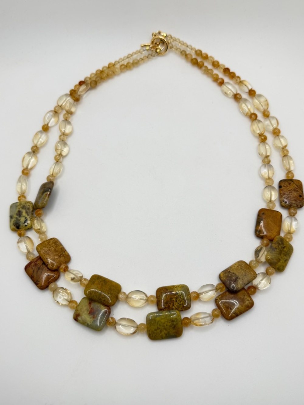 21" double strands of CITRINE AND JASPER w/ gold tone hardware, necklace!